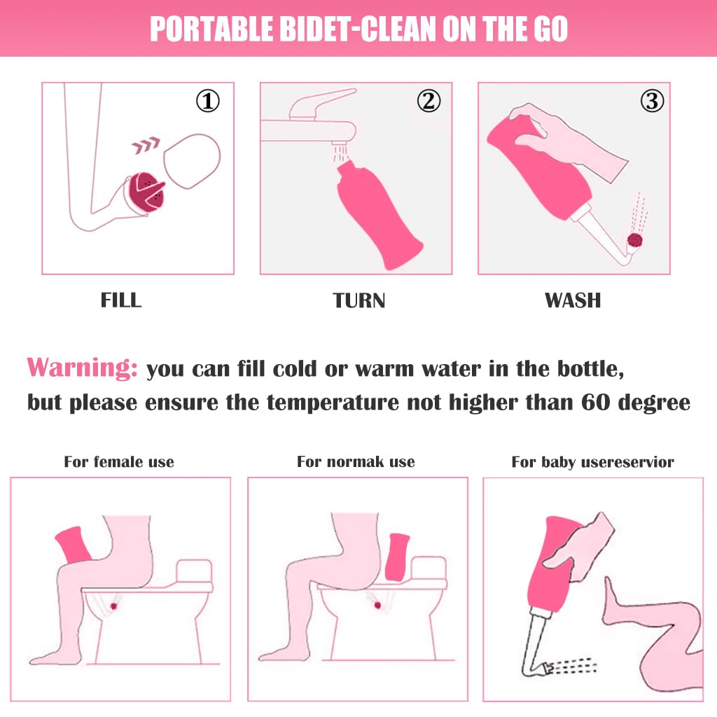 HANNEA 450ml Portable Retractable Travel Bidet for Toilet Handheld Postpartum Perineal Cleansing Childbirth Cleaner with Bag/2 Nozzles- for Outdoor,Camping,Personal Hygiene (Pink)