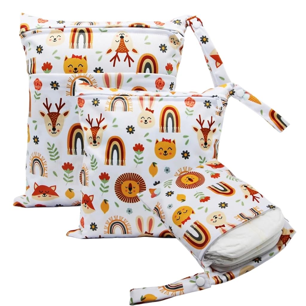 SNOWIE SOFT® 3Pcs Baby Diaper Pouches Cartoon Print Zip-up Cloth Bags with Hand Strap, 3 Sizes, Utility Storage Pouches Travel Bags for Baby Clothes, Baby Supplies, Underwear, Wardrobe Accessories