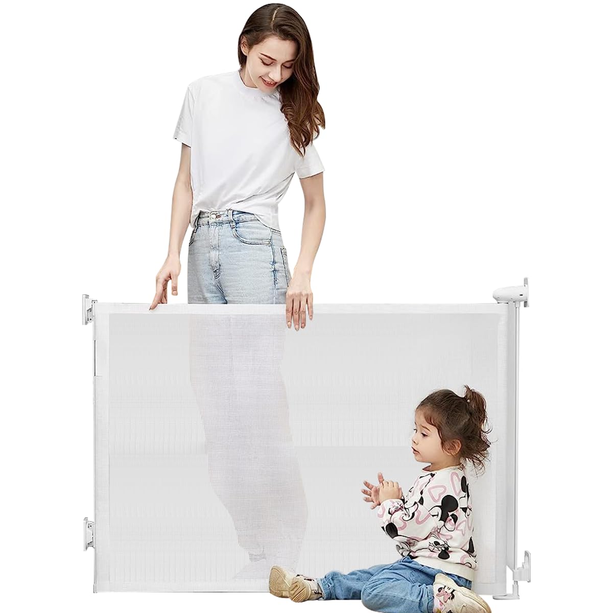 SNOWIE SOFT Retractable Baby Gate for Door and Stair with Pet Door 33 in Tall 55 in Wide | No Drill Reel Design Mesh Safety Barrier