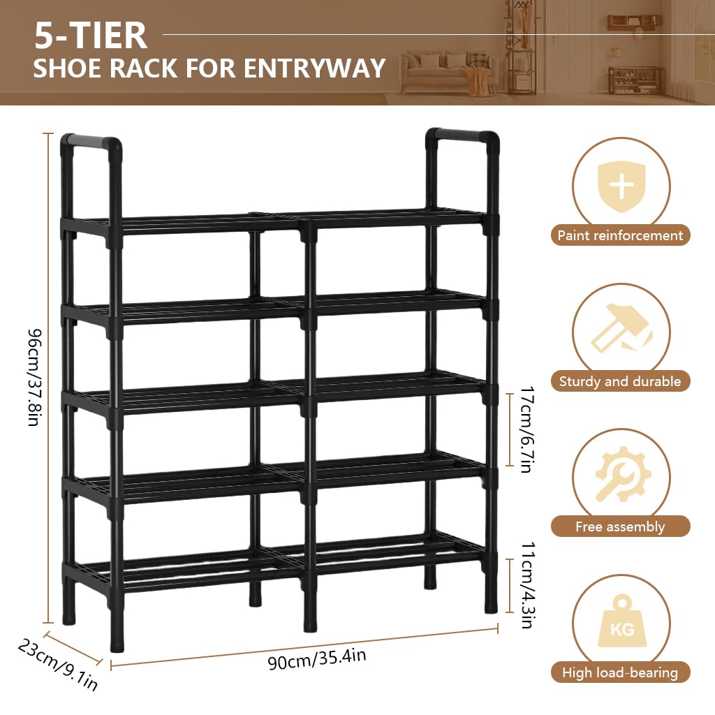 HASTHIP Shoe Rack for Entryway with 5 Tiers featuring DIY Assembly and Black Metal Frame | 96x90x23 cm Freestanding Organizer