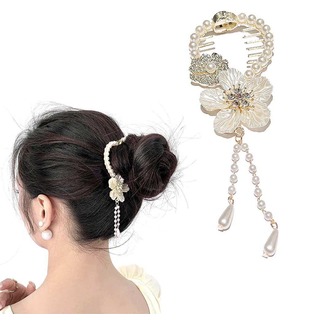 PALAY® Tassel Hair Bun Accessories for Women, Pearl Flower Hair Bun Clips, Trendy Hairstyle Claw Hair Clips for Buns, Metal Rhinestone Bun Holder for Party or Daily Use