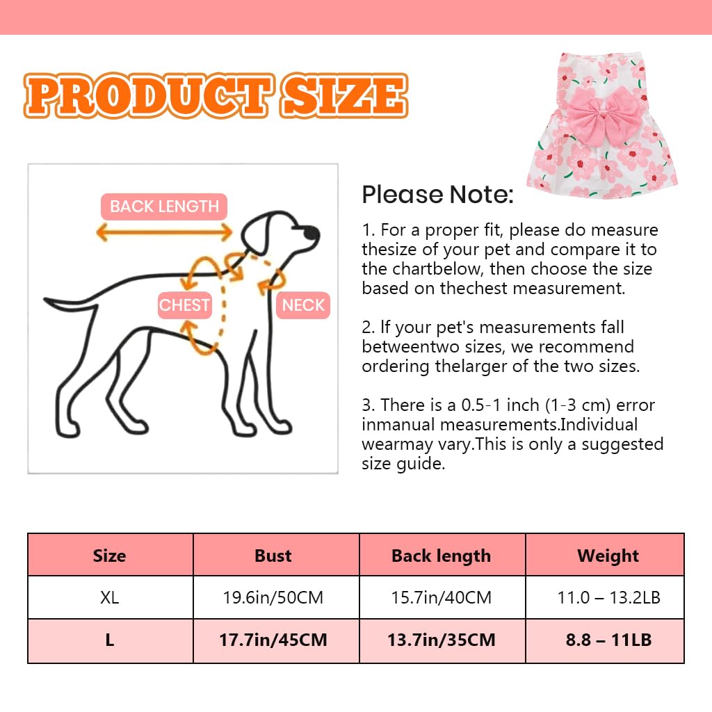 ZIBUYU Florals Pattern Pet Dress for Dogs and Cats with Bowknot Buttons | Polyester Summer Outfit Size L 45cm Bust 35cm Length