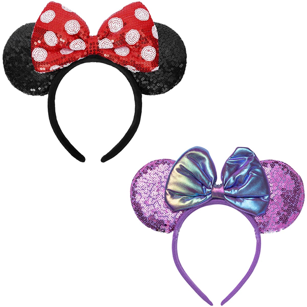 PALAY® 2Pcs Hairband for Women Girls, Mic-ky Mouse Bow Head Band for Women Sequin Kawaii Cute Headband for Women Stylish Hair Accessories for Kids Adult Cosplay Girls Headbands  Headwear Costume Prop