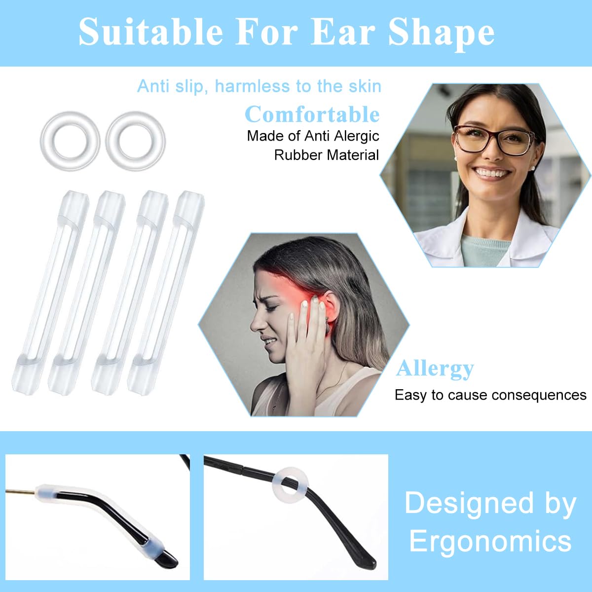 MAYCREATE Eyeglasses Retainer Set 50PCS with 3 Nose Pad Designs and Silicone Ear Grips | Anti Slip Comfort for Sunglasses and Reading Glasses