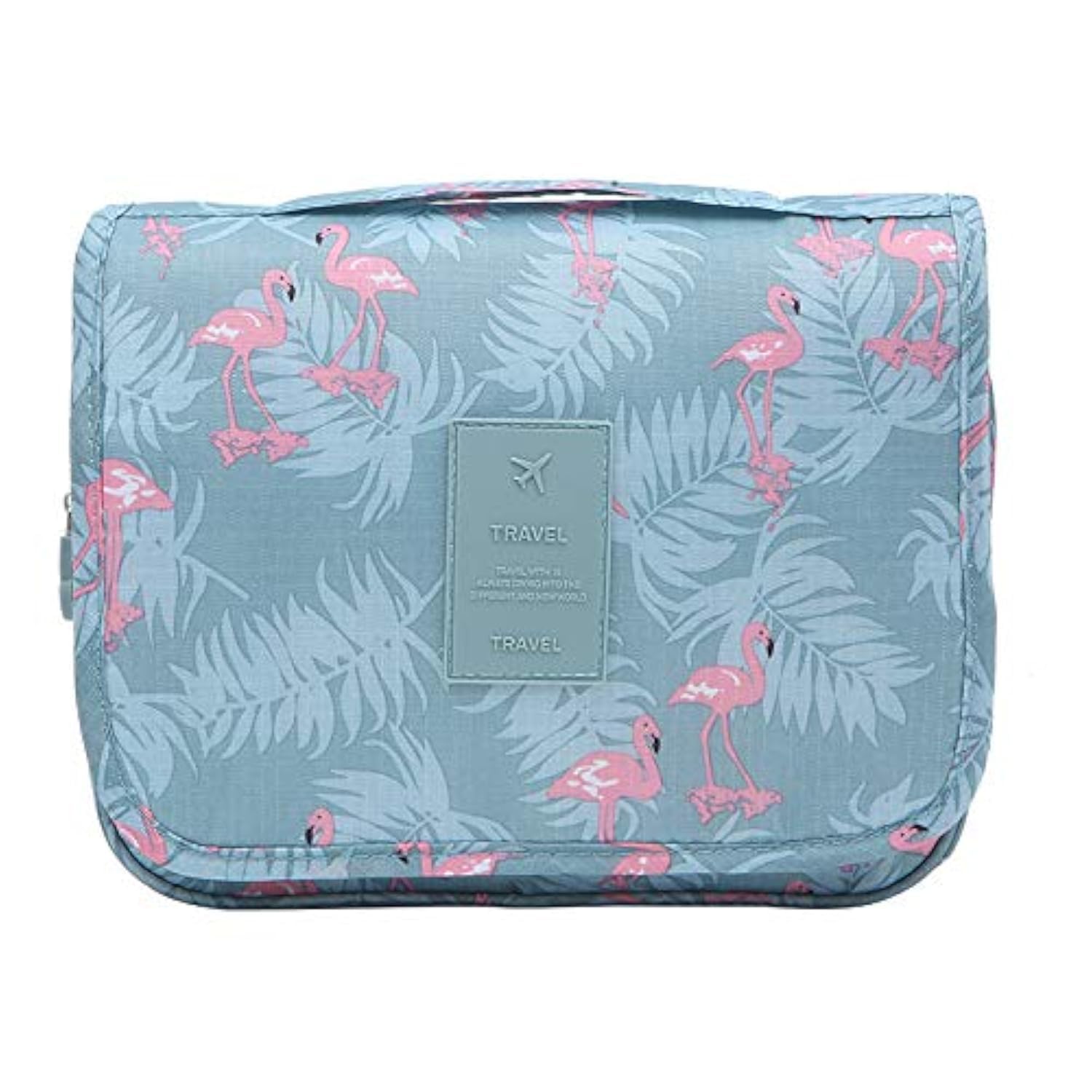 ZIBUYU Travel Cosmetic Pouch Hangable Cosmetic Organizer for Women Makeup Bag Printed Cosmetic Box Girls Cosmetic Pouch for Toiletries, Cosmetics, Skin Care Product, Makeup Brushes-Blue Flamingo