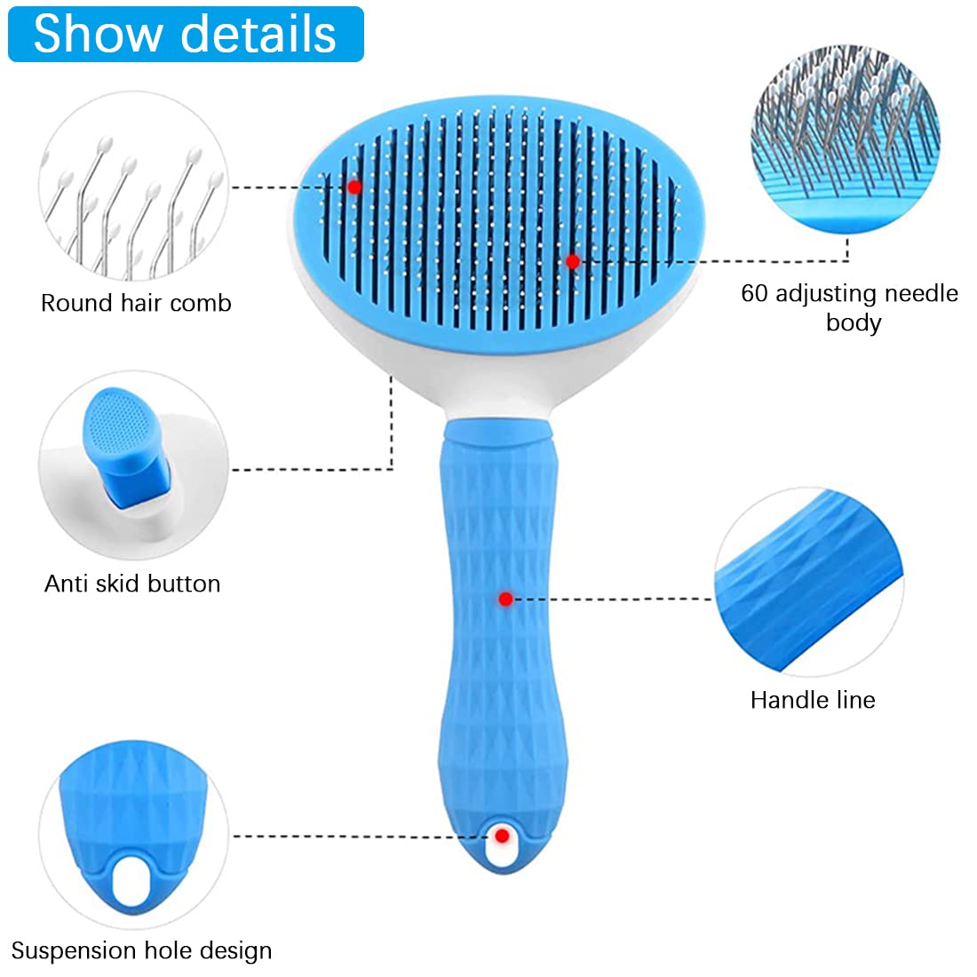 ZIBUYU Dog Brush for Hair with 4 in Stainless-Steel Teeth and One-Button Cleaning | Blue