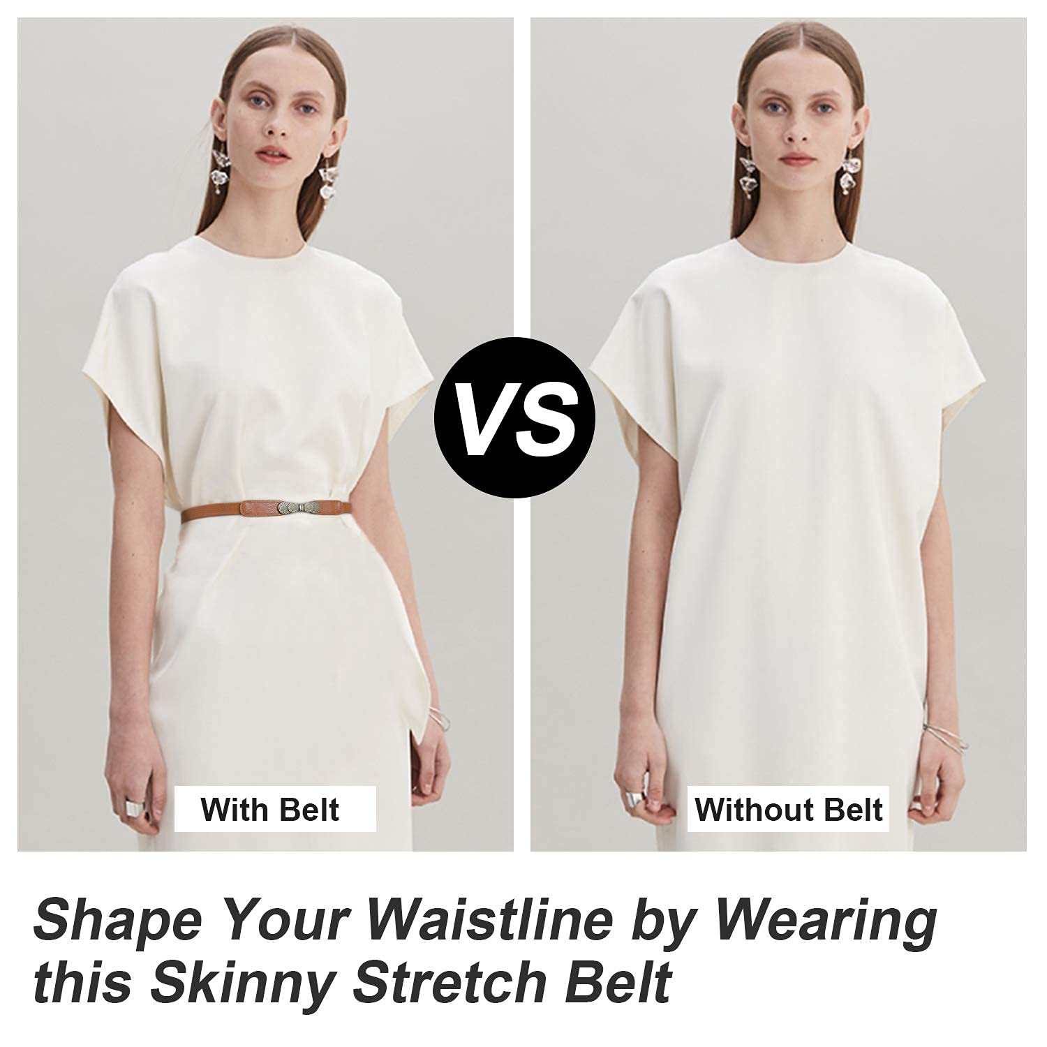 PALAY Women Skinny Elastic Stretch Belt for Dresses featuring Metal Buckles and Faux Leather 2 Pack 65cm | Retro Waist Accessory for Ladies