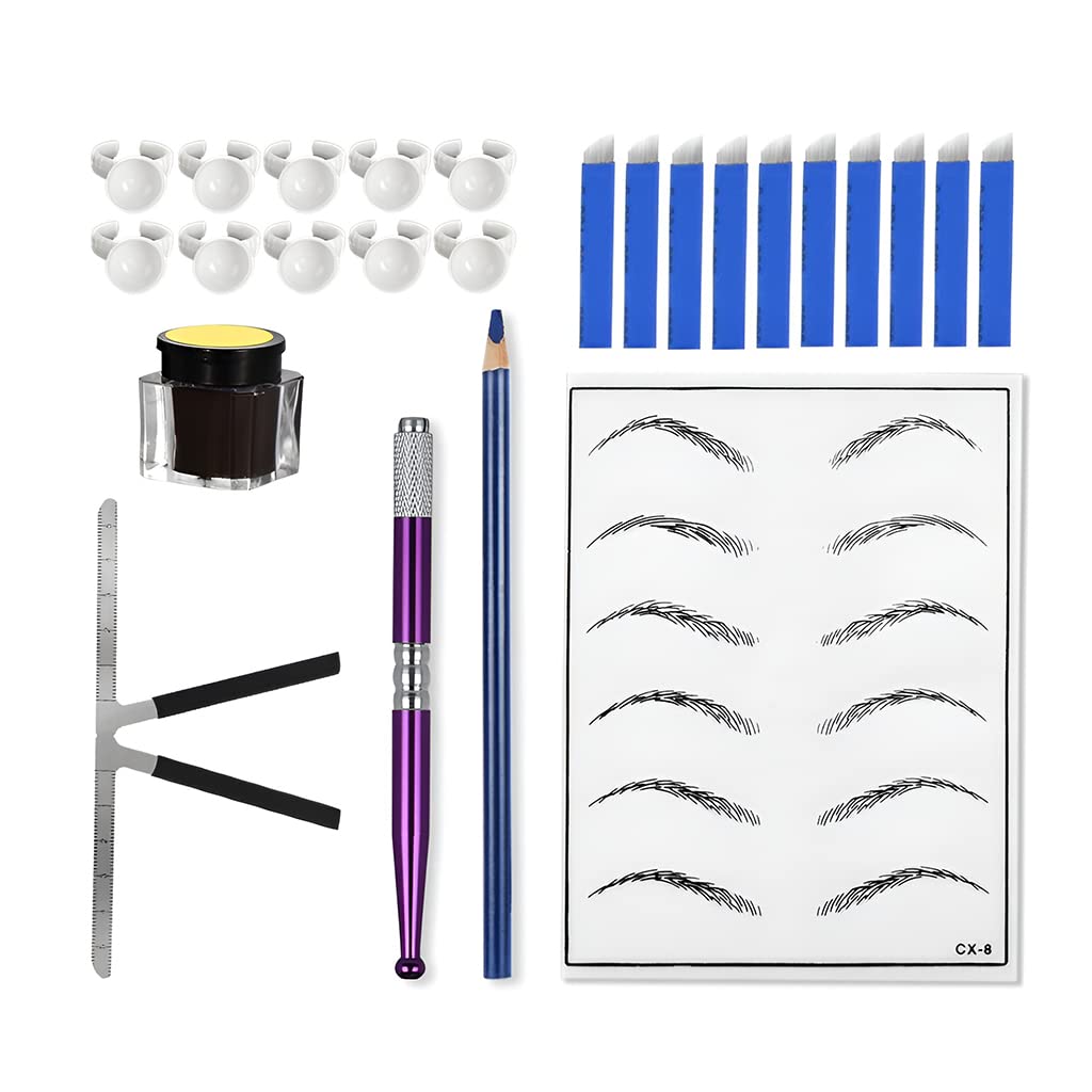 HASTHIP® Microblading Eyebrow Pen Needle Kit with Finger Gloves,Dark Brown Tattoo Ink for Practicing,Eyebrow Practise Skin Tool for New Beginners