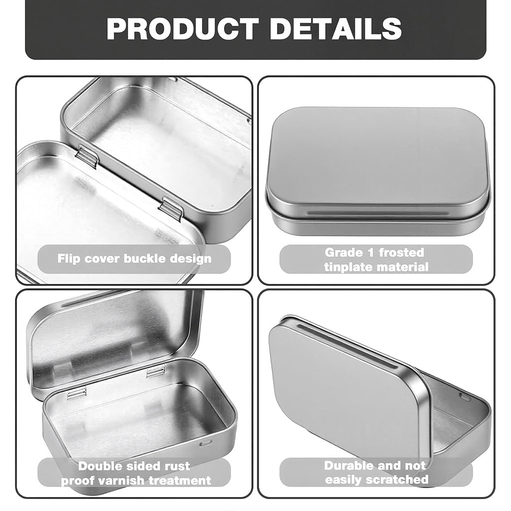HASTHIP Small Tin Box for Storage with Hinged Lid 4 Pcs 31g Silver Aluminium | 95x60x20mm
