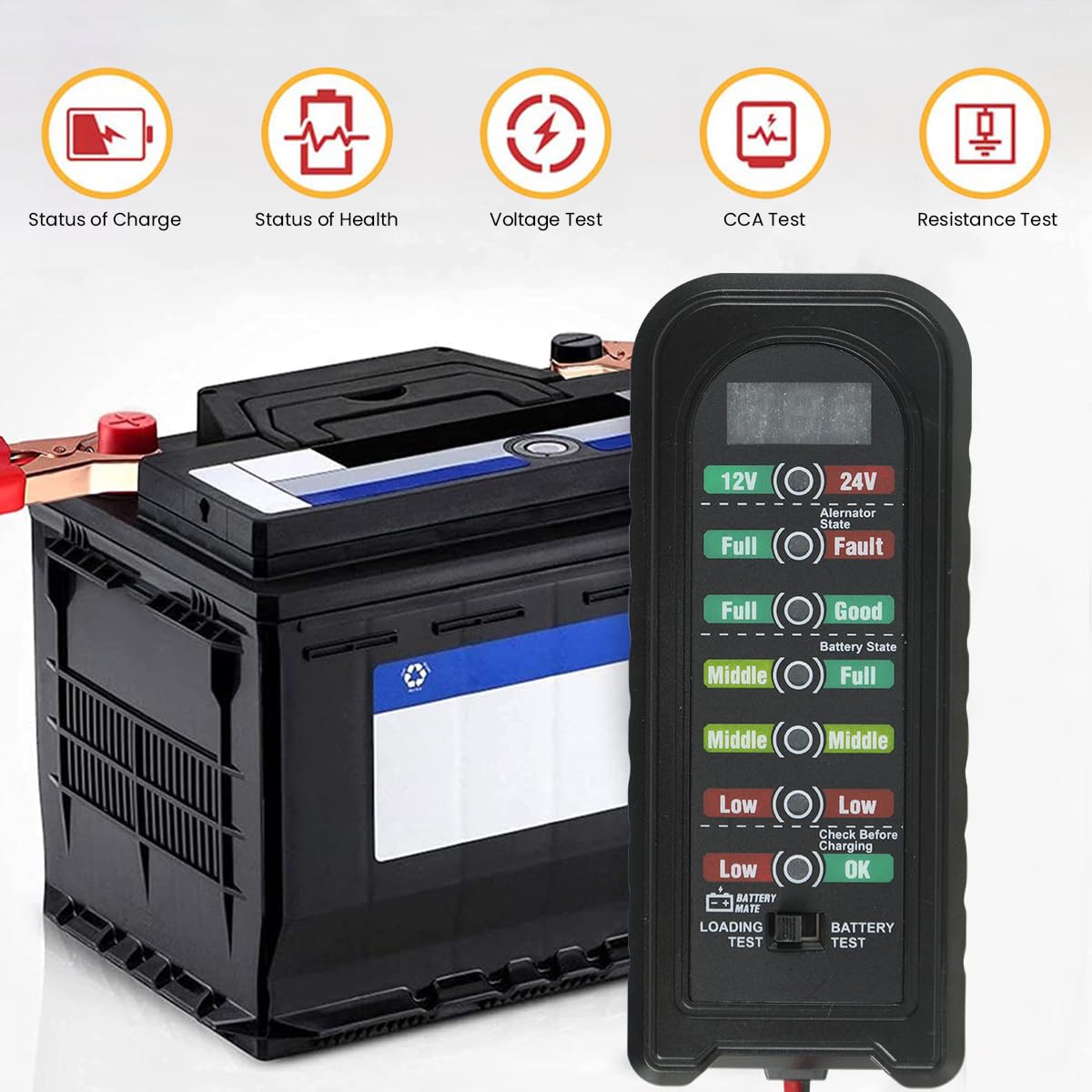 Serplex® 12V/24V Car Battery Tester Generator Tester Automotive, Battery Monitor Analyzer Universal Vehicle Battery Tester with LED Indicator Car Battery Trouble Shooting Universal Battery Tester