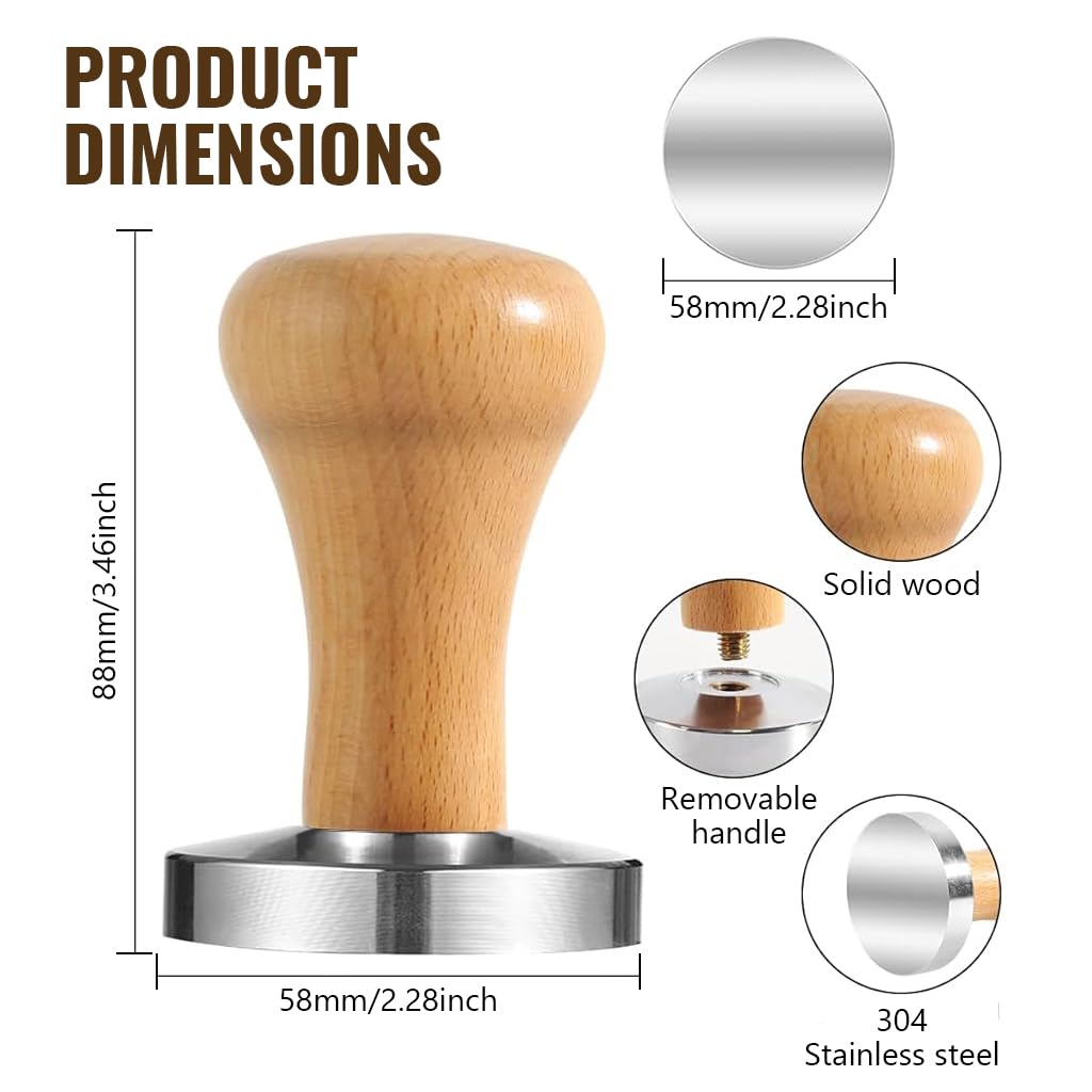 Supvox Espresso Tamper 58mm for Barista Coffee with Ergonomic Wooden Handle and Stainless Steel Base
