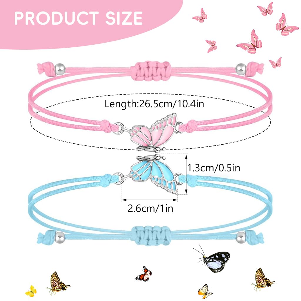 ZIBUYU Friendship Bracelets Butterfly Charm Bracelets Adjustable Rope Bracelets for Girls BFF Bracelets Fashion Pink & Blue Friendship Bracelets Jewelry Gifts for Girls, Friends, Sisters