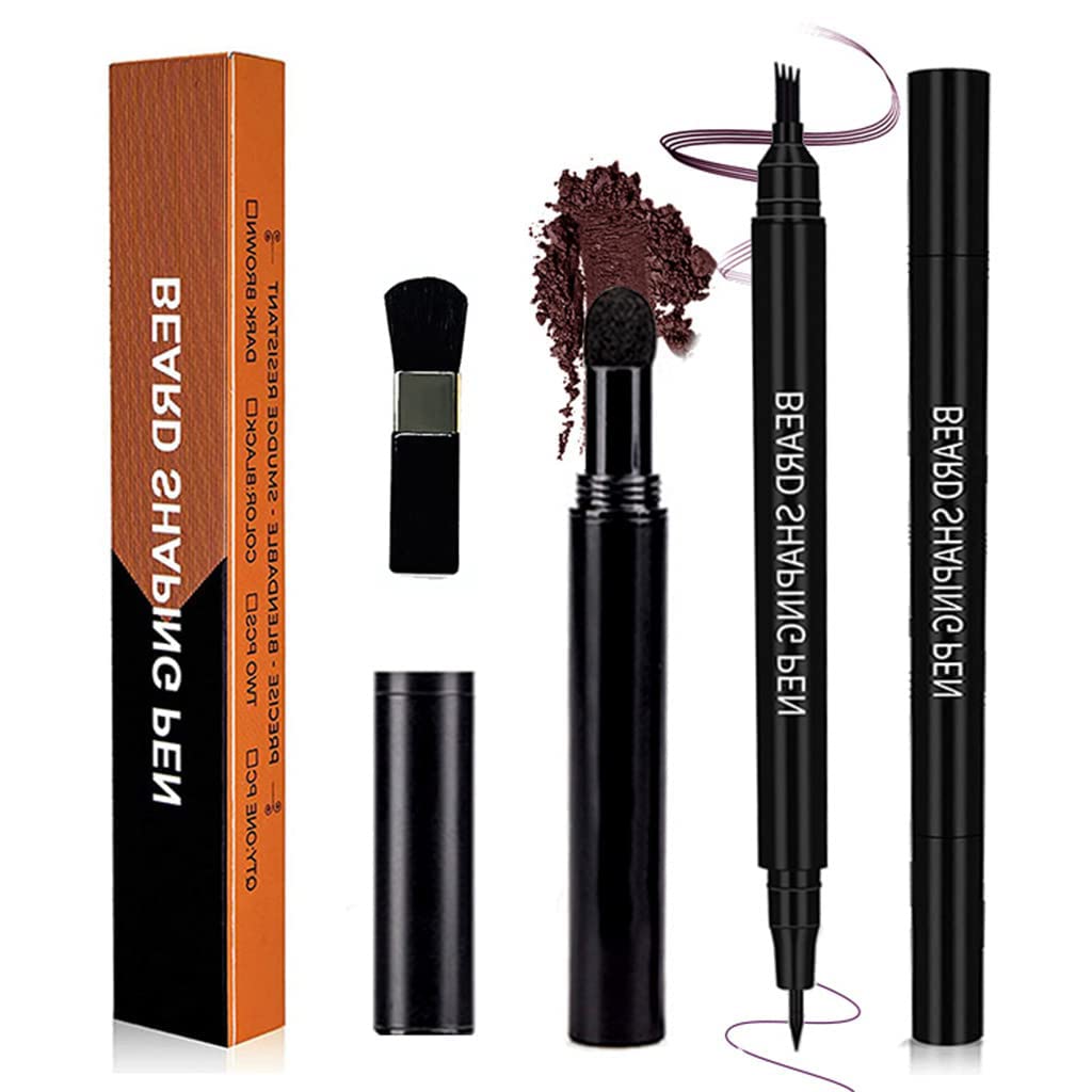 HASTHIP Beard Pencil Filler Kit for Men with Powder Brush and 4 Fork Tip | Dark Brown