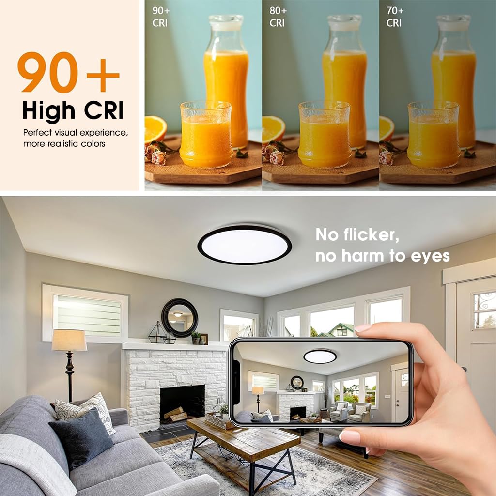 ELEPHANTBOAT LED Ceiling Light with Remote Control and 3 Color Dimmable 24 W Round Design | 1800K Night Light in Black