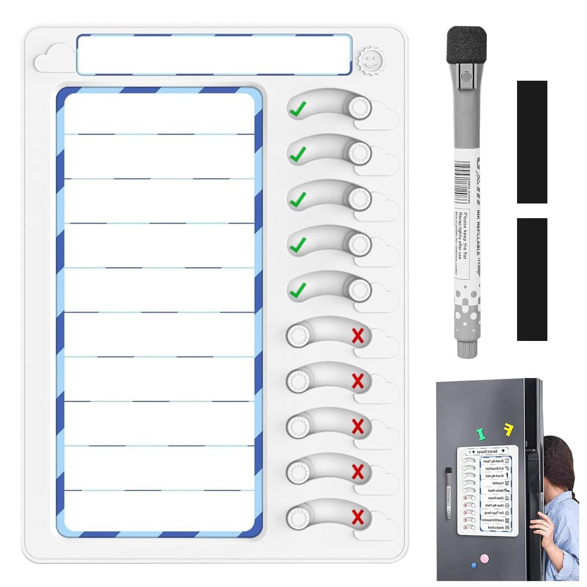 Climberty Magnetic Dry Erase To Do Board for Home and Office featuring Sliding Self Check Button | Blue