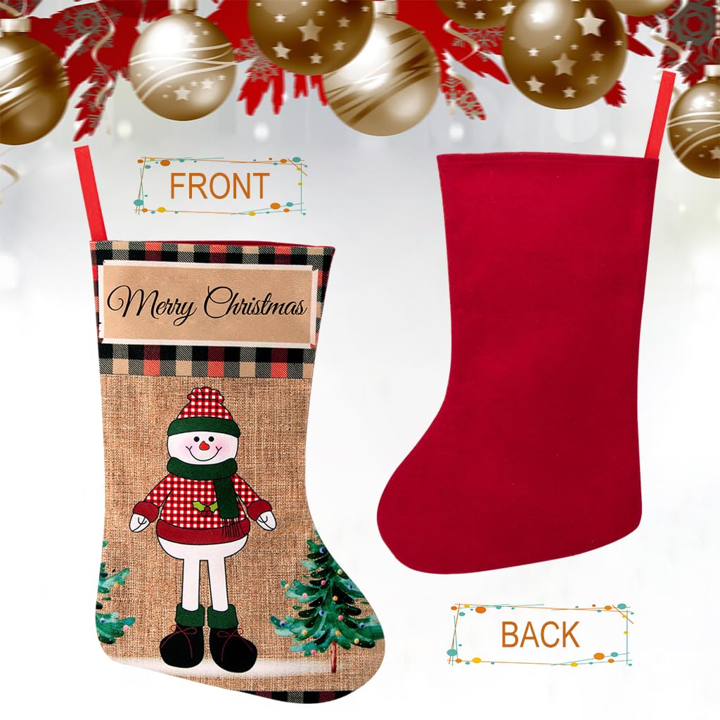 HASTHIP Christmas Stockings 3pcs 16 inch Linen Set for Fireplace and Tree | Elk Snowman Santa Design