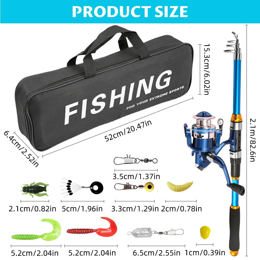 Proberos Fishing Rod Reel Set 6.8 ft for Saltwater and Freshwater with Glass Fiber Rod and Smooth 5.5:1 Reel | Includes Lures Kit and Carry Bag