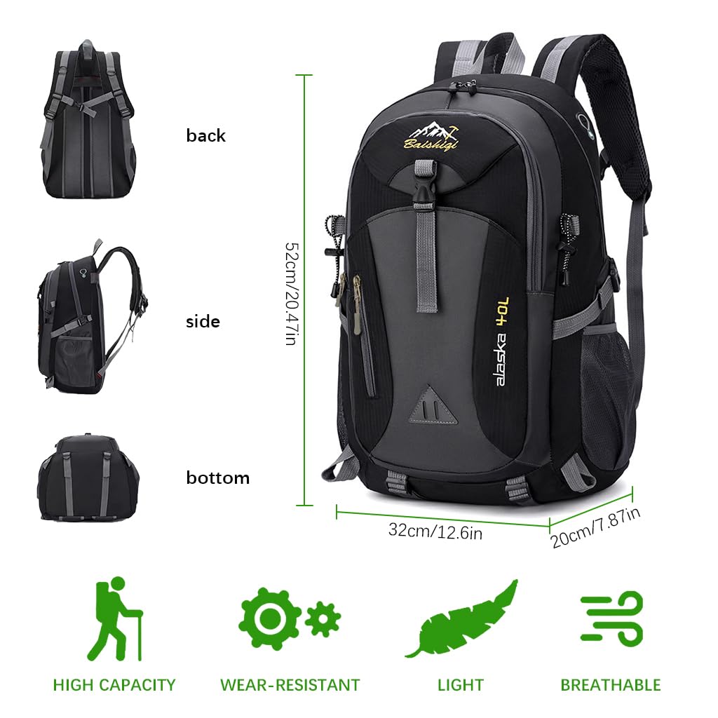 GUSTAVE® 40L Large Backpack Hiking Backpack Waterproof Nylon Trekking Rucksack Backpack Padded Shoulder Straps Design Multi-pocket Large Outdoor Day Backpack Laptop Backpack for Travel and School