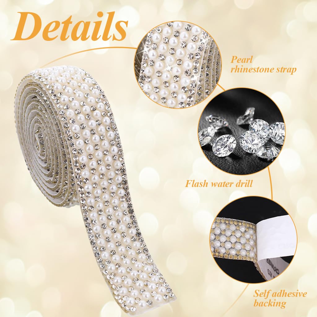 HASTHIP Pearl Rhinestone Ribbon Tape for DIY Decoration featuring Self Adhesive Strips 3 Rolls 1cm 1.5cm 2cm | 1 Yard Per Roll
