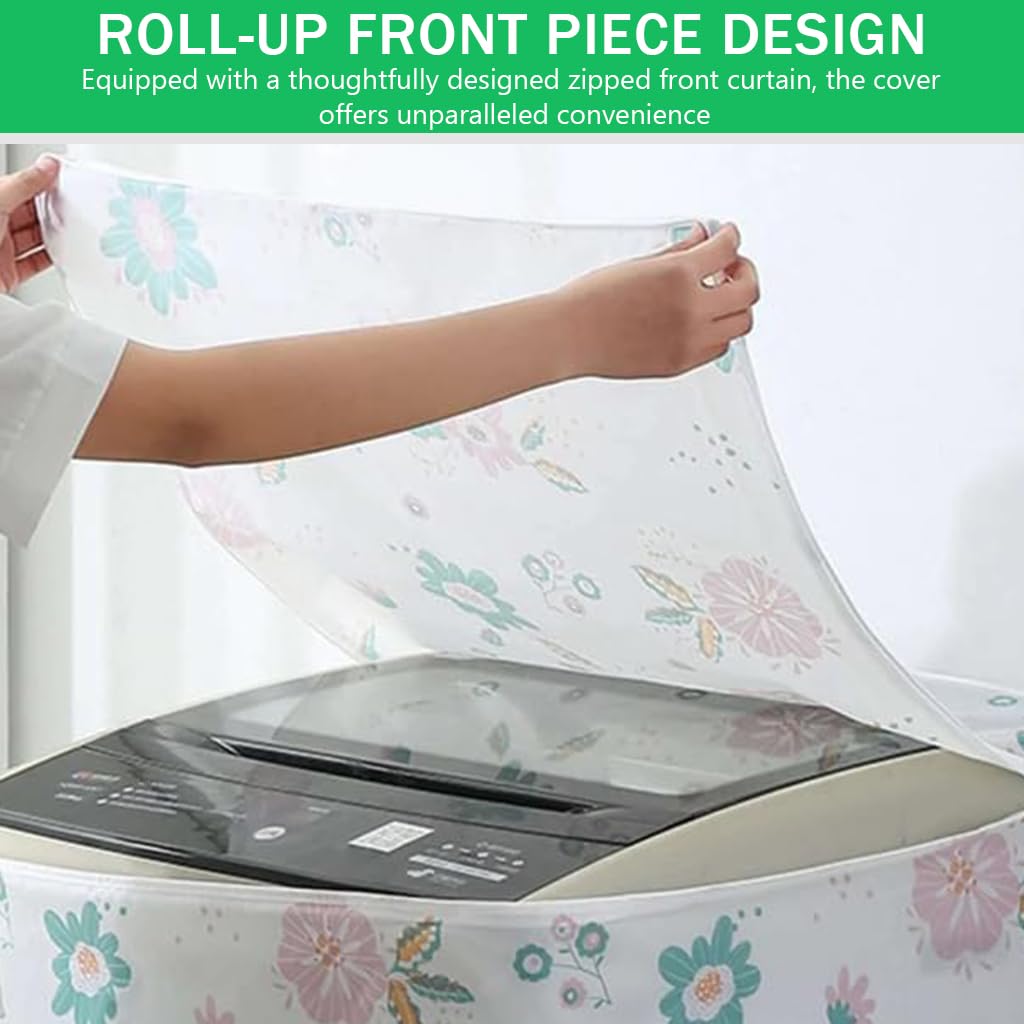 HASTHIP® Dust Cover for Household Washing Machine PEVA Dust Cover with Roll-Up Curtain fpr Front-Loading Washer Fashion Floral Print Household Washing Machine Dust Cover