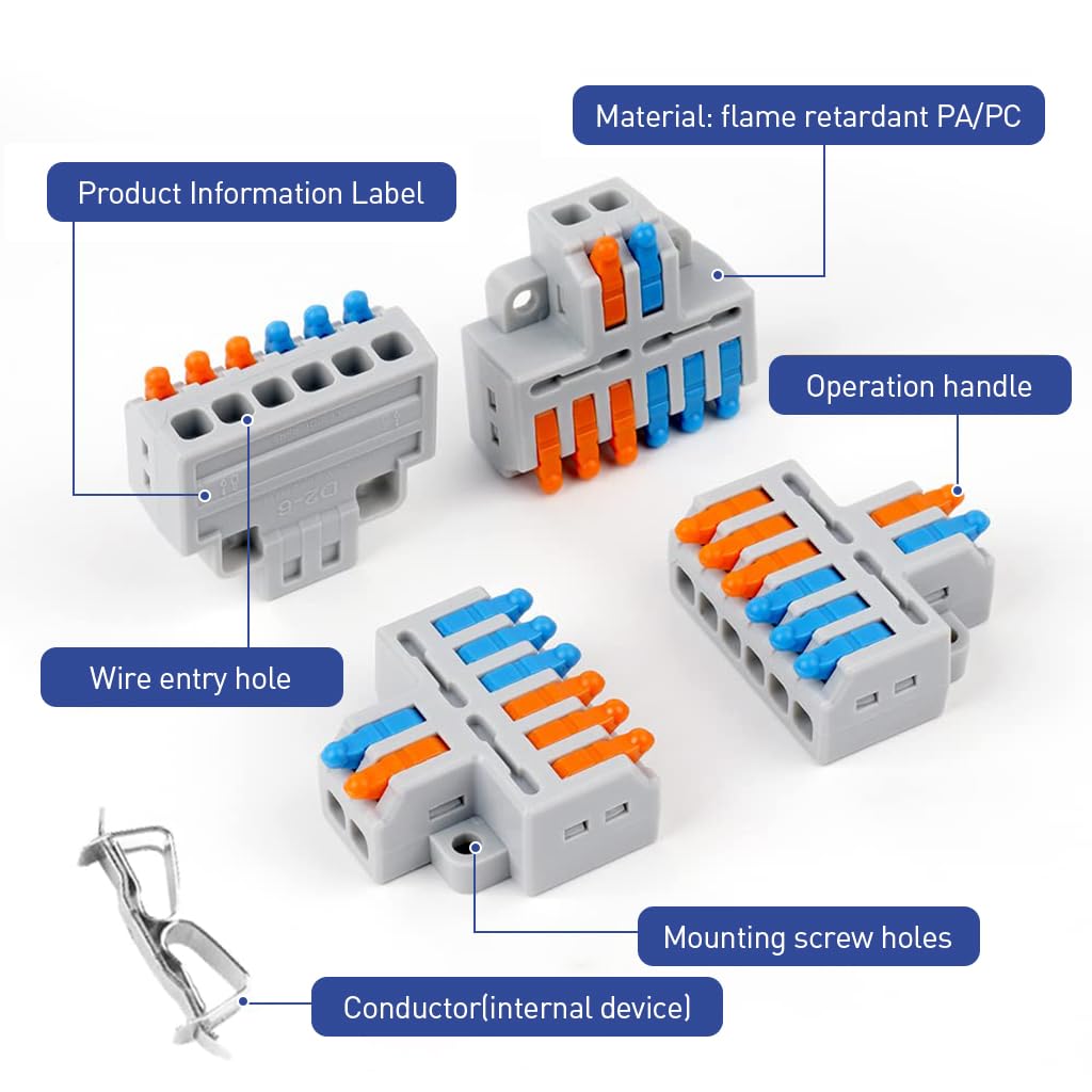 Serplex® 10Pcs Lever-Nut Wire Connectors, 2 In to 6 Out Conductor Compact Electrical Connectors, Quick Wiring Cable Connectors Push-in Conductor Terminal Blocks, Flame Retardant PA/PC