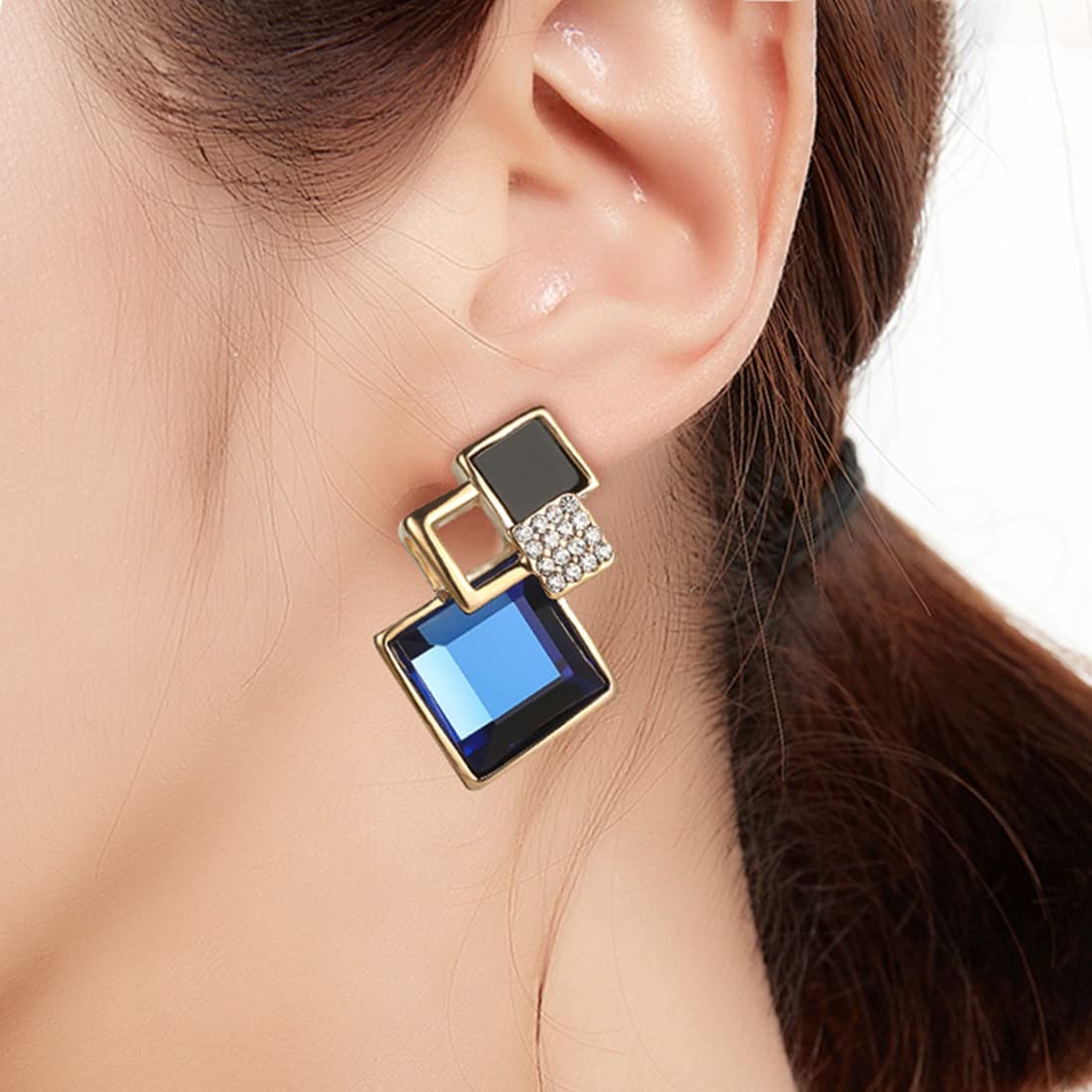 ZIBUYU Earrings for Women featuring Geometric Three Square Drop Design in Blue | Hypoallergenic Alloy