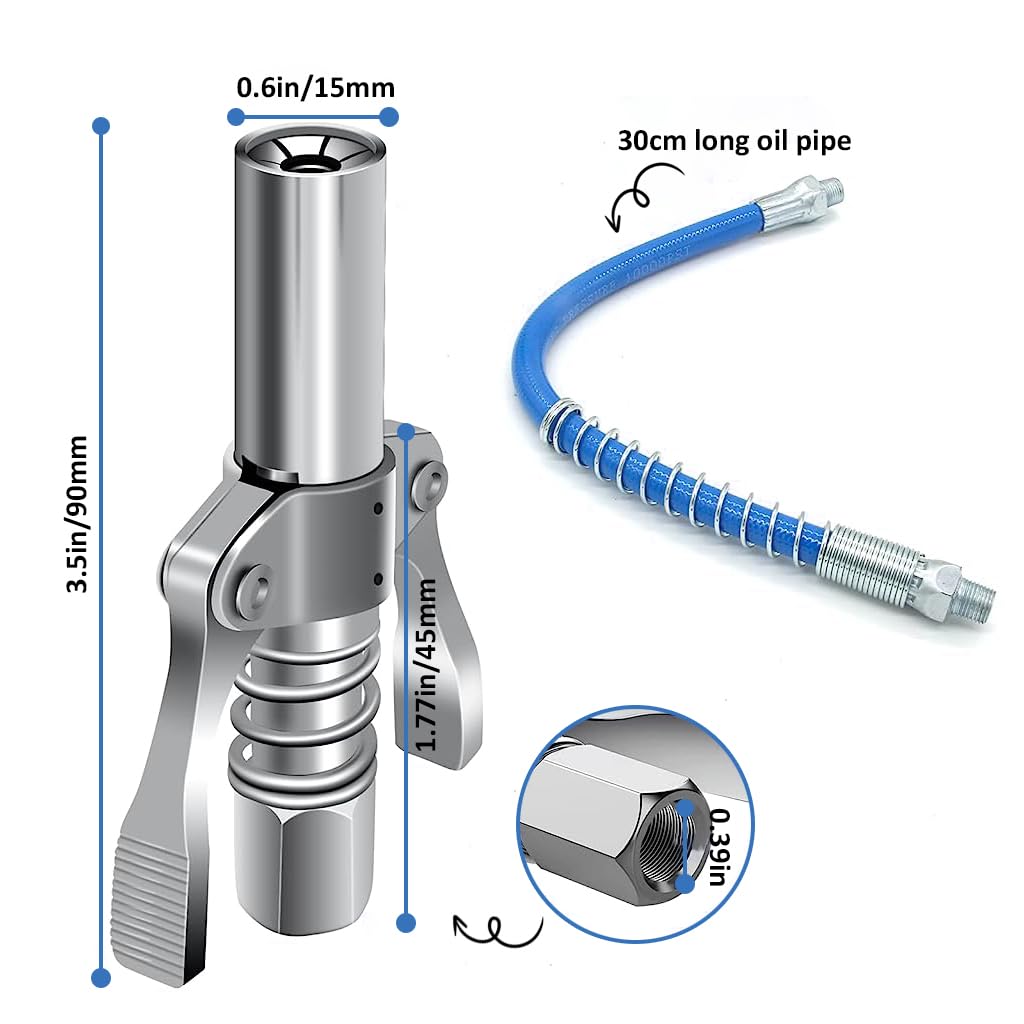 STHIRA® Grease Gun Coupler, Strong Lock Release Grease Coupler, 12000 PSI Quick Release Metal Grease Gun Coupler Dual Handle Grease Gun Tip 30cm Hose Compatible with All Grease Gun 1/8