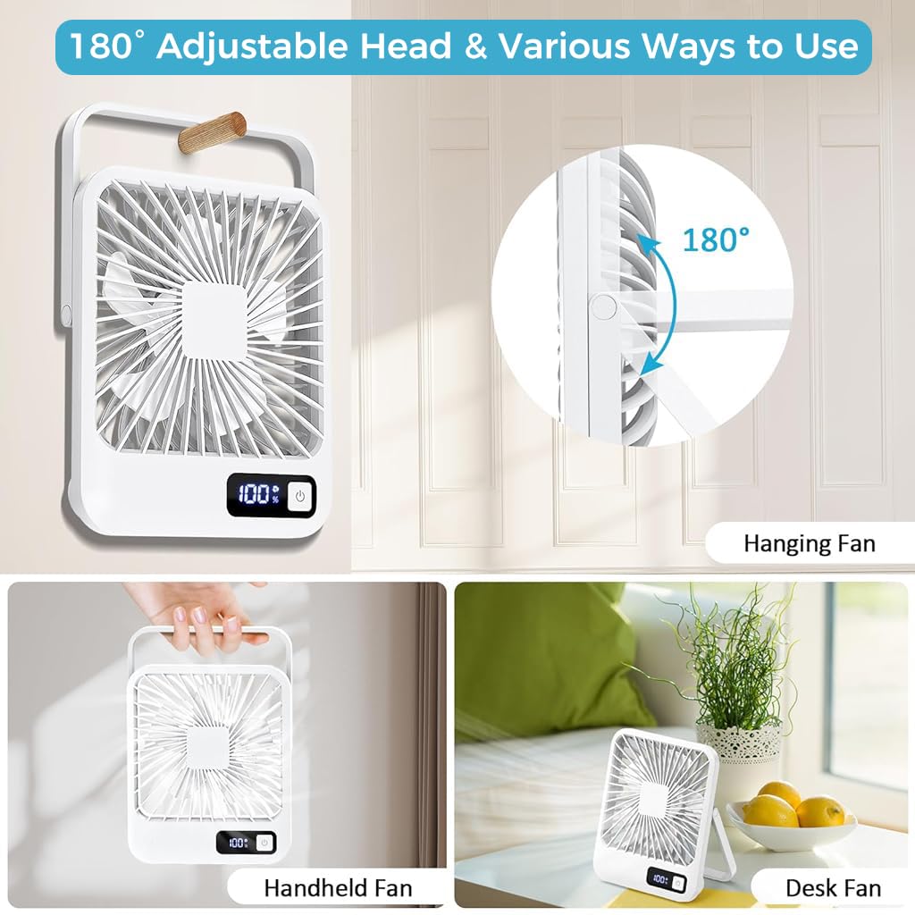 HASTHIP Table Fan with 2000mAh USB Rechargeable Power Display for Home Office and Travel | Ultra Quiet White Desktop Fan