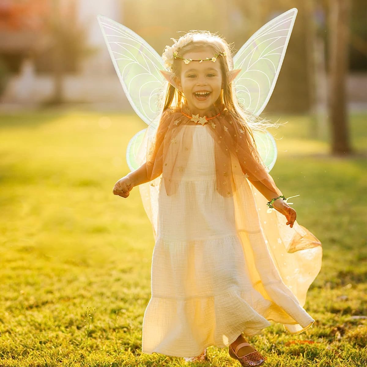 PATPAT Fairy Wings for Kids 5+ Years with Shoulder Strap 60×48 cm Organza White Set | Includes Elf Ears and Flower Garland