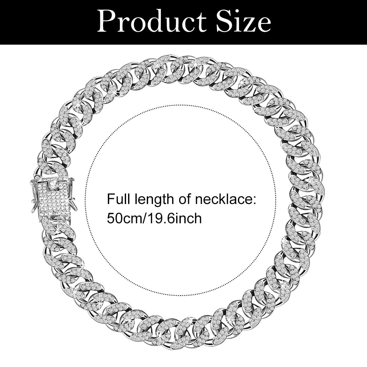 Zibuyu Chain for Men with 13mm Cuban Zircon Links and Platinum Silver Finish | 19.6 inch Necklace