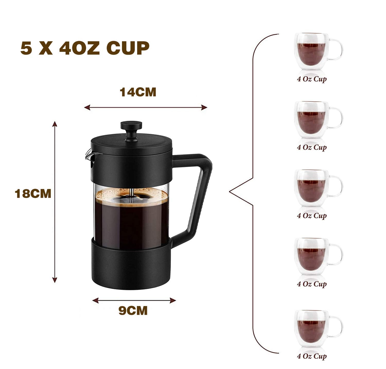 HASTHIP  French Press Coffee Maker 600ML 3 Part Superior Filtration German Heat-Resistant Borosilicate Glass Coffee Maker with 304 Stainless Steel Rust-Free Dishwasher Safe