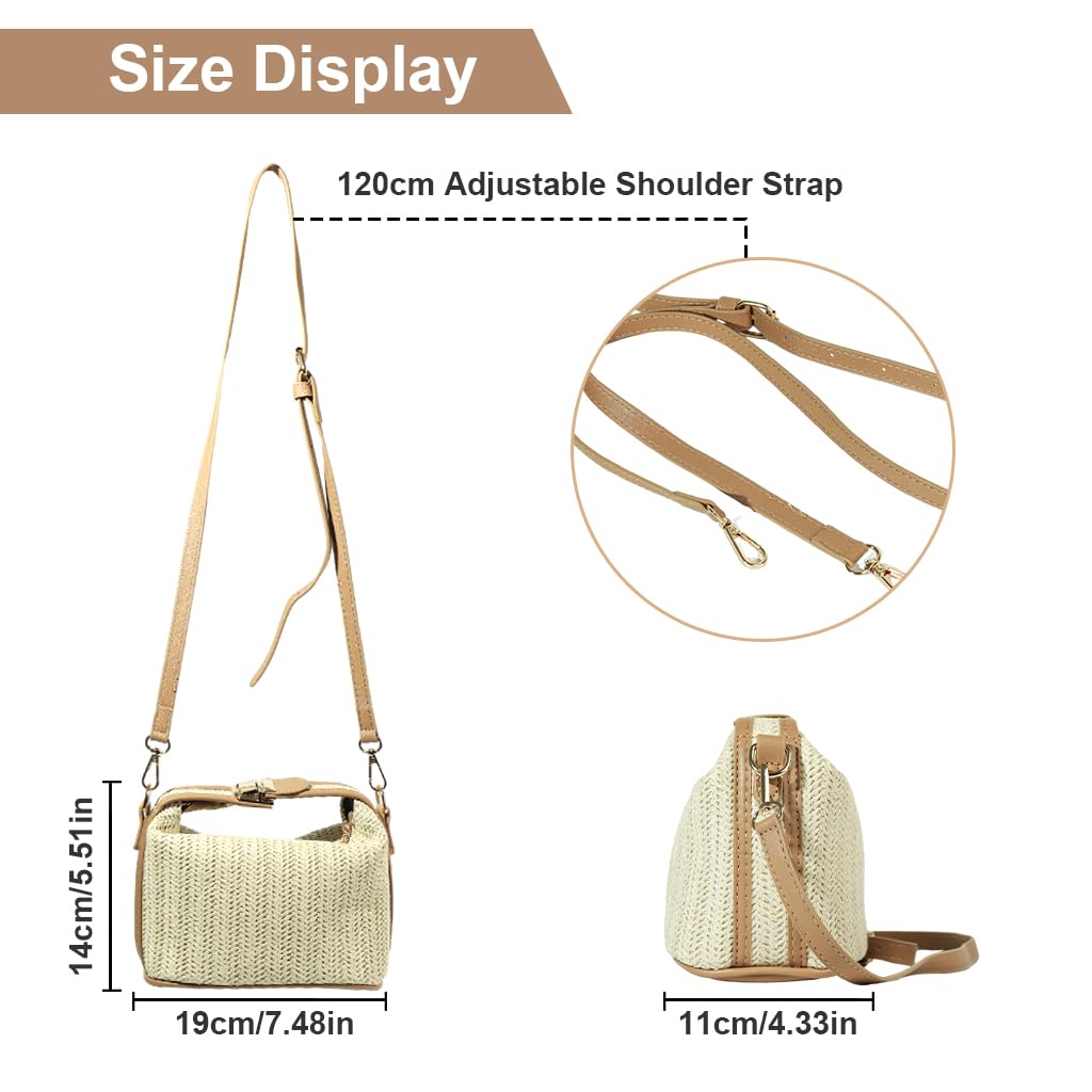 ZIBUYU® Straw Bags for Women Beach Stylish Sling Shoulder Bag for Girls and Women Detachable Shoulder Belt Woven Straw Crossbody Bag Golden Hardware Buckle Design Handbag Bag - Beige