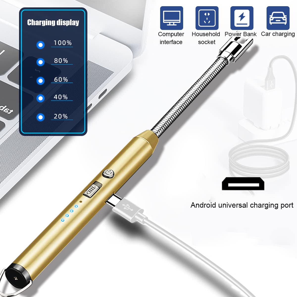 Supvox USB Rechargeable Electric Gas Lighter for Kitchen and Candles featuring 360° Flexible Neck | Gold