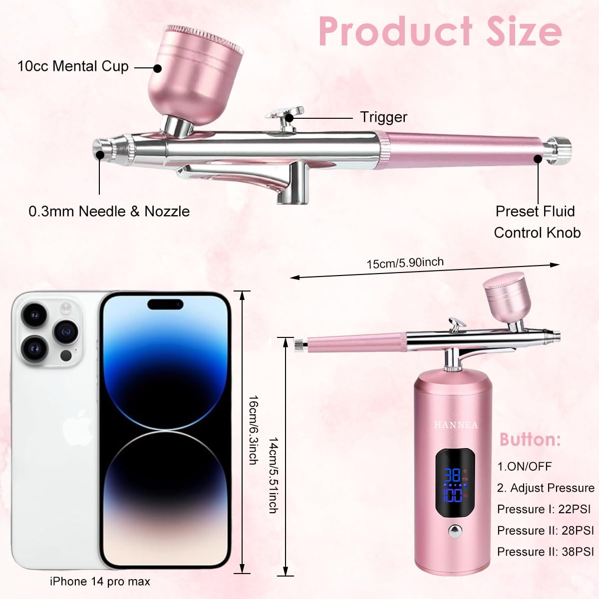 HANNEA Cordless Airbrush Kit for Painting and Makeup with 0.3mm Nozzle and LCD Display | Pink