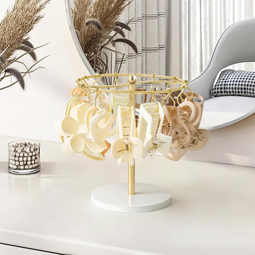 HASTHIP Metal Claw Clip Organizer for Vanity and Dresser with 16 Loop Hooks | Gold Display Stand