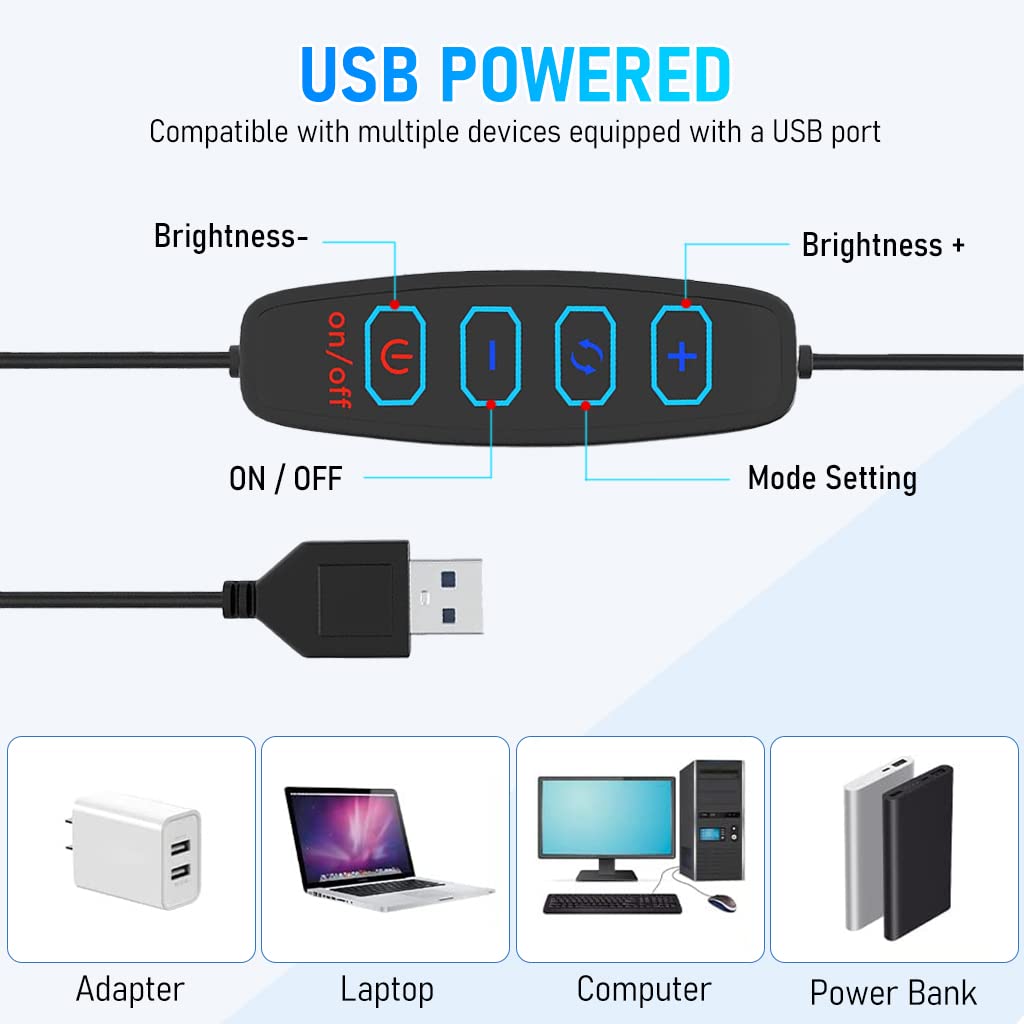 ZORBES USB LED Selfie Light for Phone and Tablet with 72pcs Beads 3 Colors 10 Brightness | Clip‑on 6.6ft Plug and Play Design