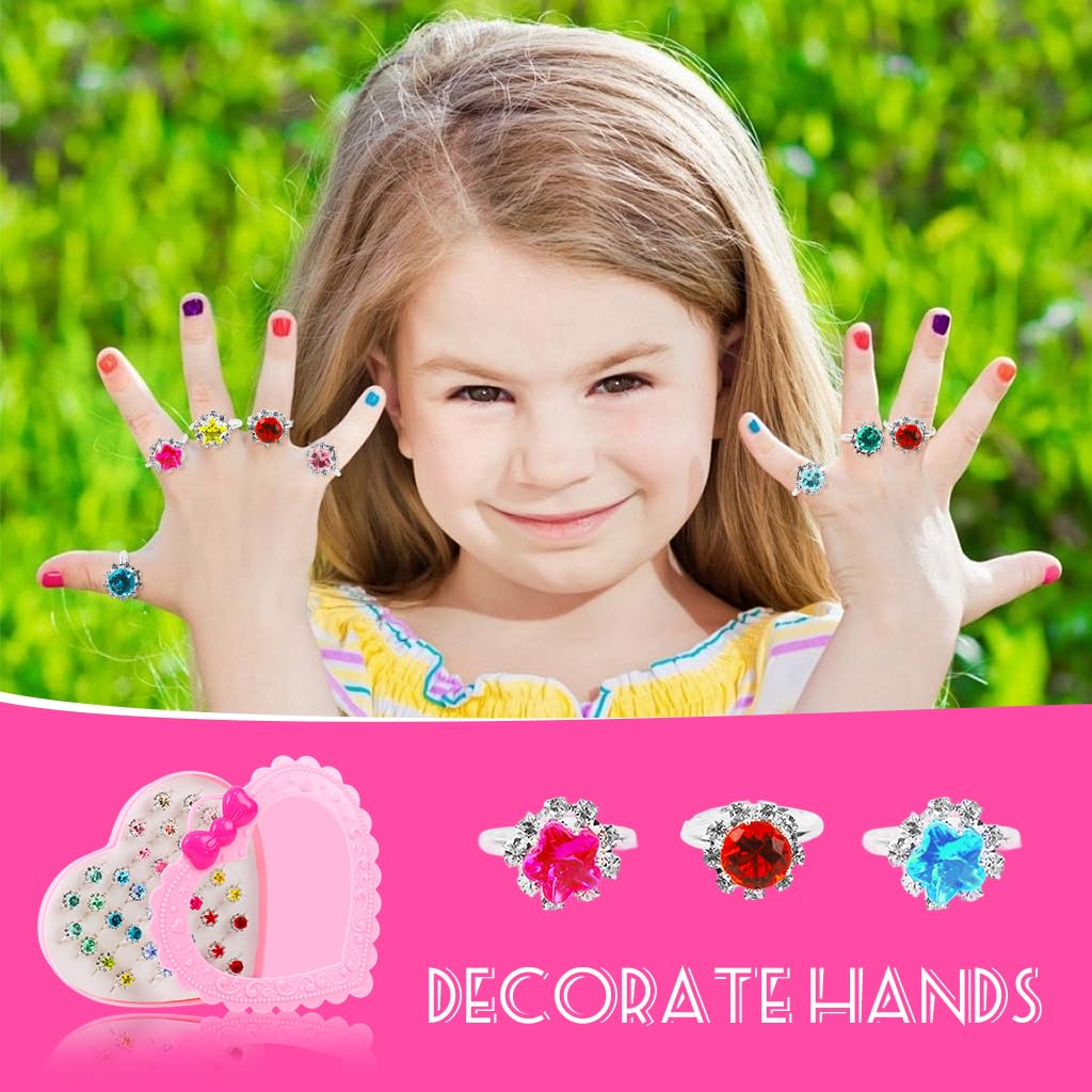 SANNIDHI Gem Rhinestone Rings Set for Girls with 36pcs Adjustable Open Rings | Colorful Acrylic Jewelry Gift Box for Pretend Play