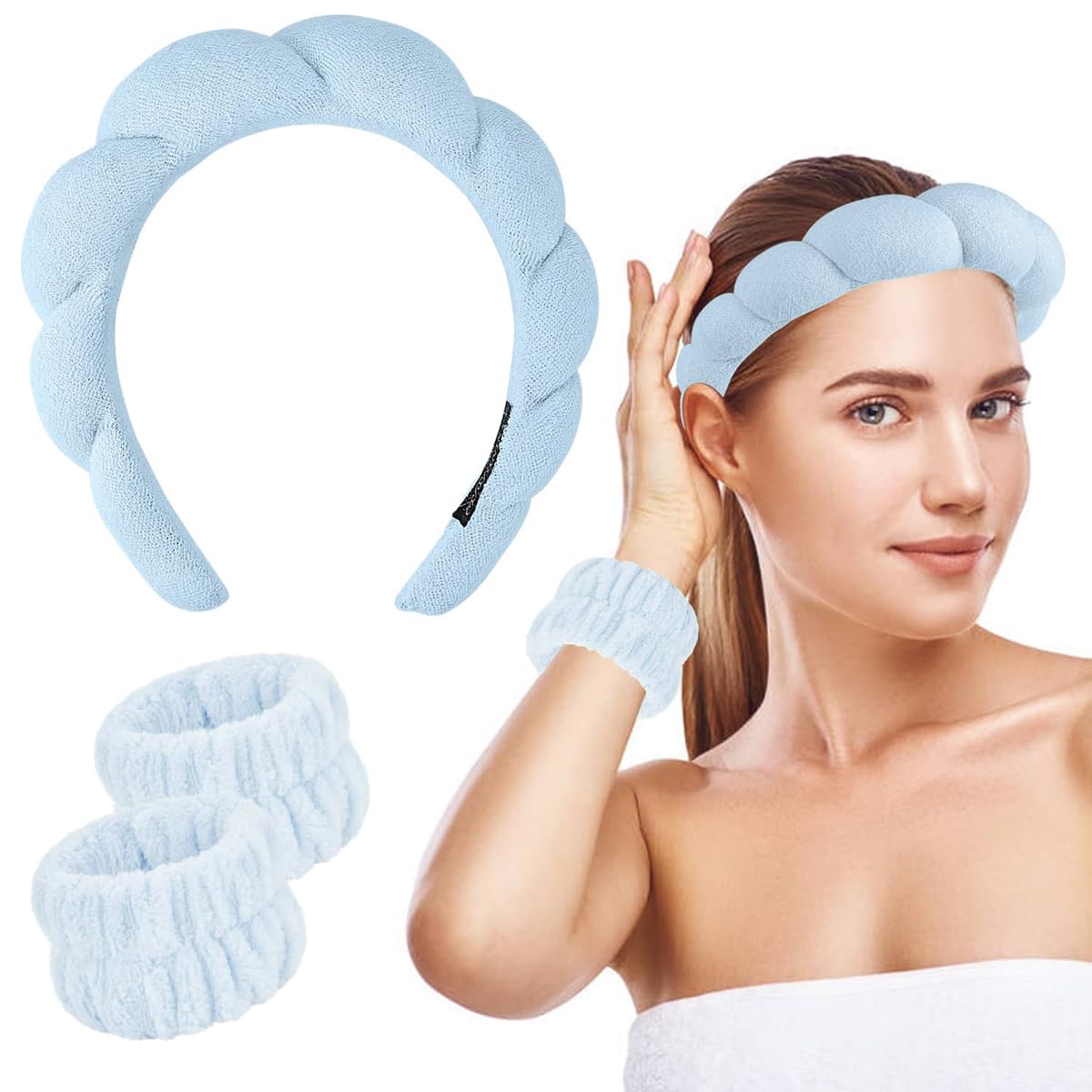 MAYCREATE® Spa Headband Wristband Combo for Women Girls Face Washing, Sunflower Sponge Facial Skincare Headband Makeup Hairband Coral Fleece Wrist Washband Set - Blue