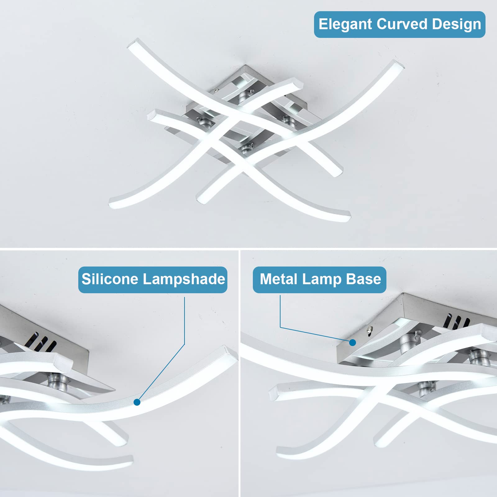 Verilux  3 Color Temperature LED Drop Ceiling Lights, 24W Modern Curved Design LED Ceiling Lamp with Remote Control, Metal Flush Mount Ceiling Lighting Fixture 4 Built-in LED Boards, Bulb base-E27