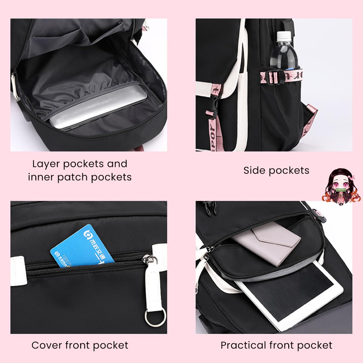 Fancyku Anime Backpack for Girls featuring USB Charging Port and Waterproof Nylon | 30x15x43cm Laptop Daypack