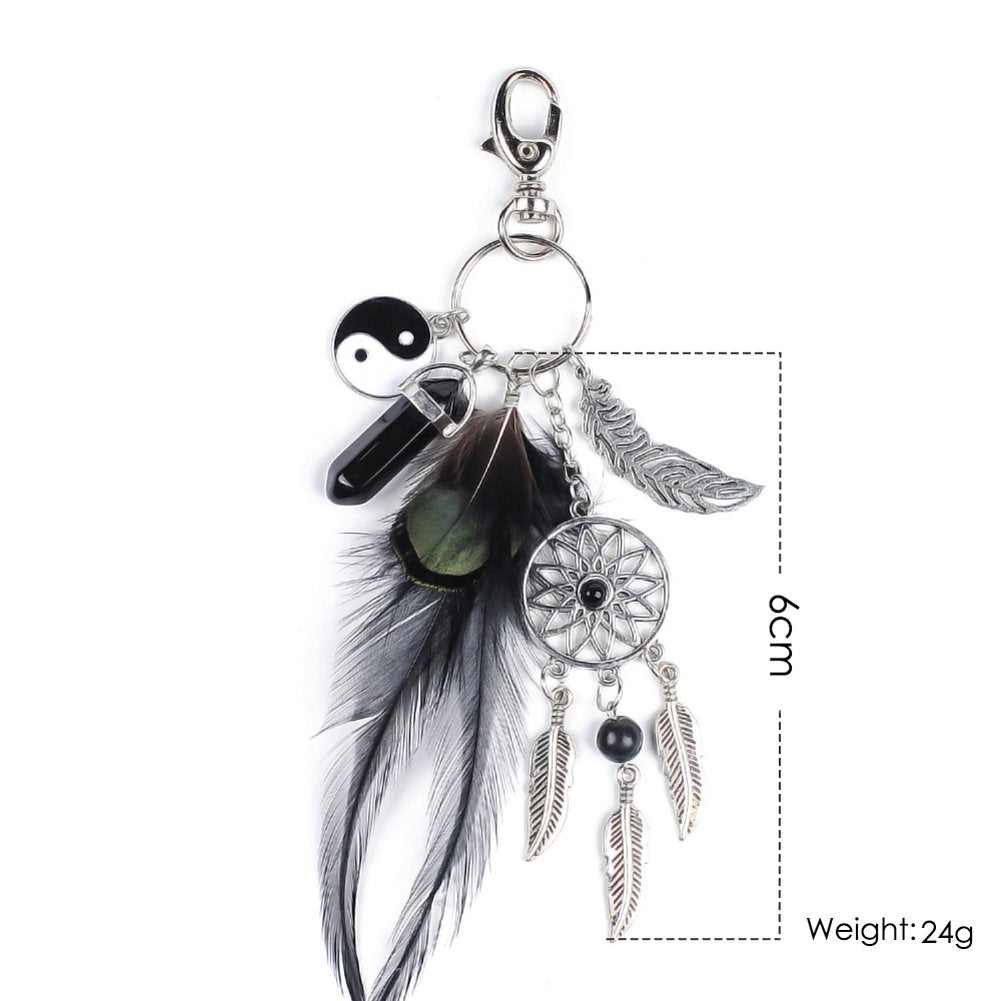 Supvox Generic Dreamcatcher With Black Agate & Feather Charm Keyring - Black And Silver