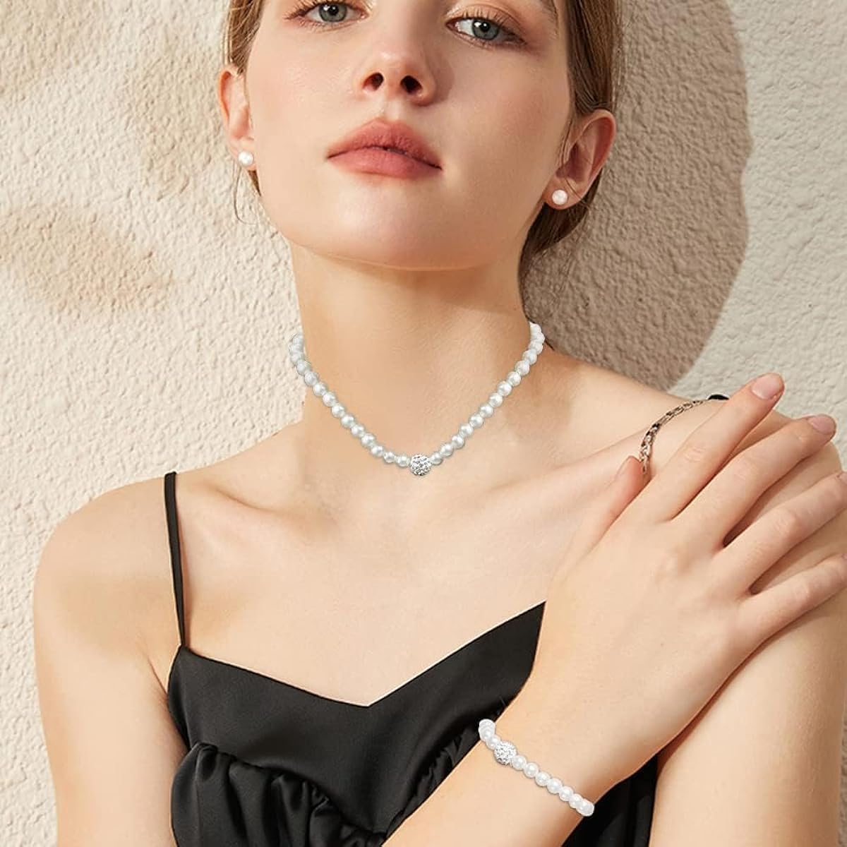 Venzina White Pearl Jewellery Set for Women with 18 in Necklace 7 in Bracelet and Earrings | Elegant Gift for All Occasions