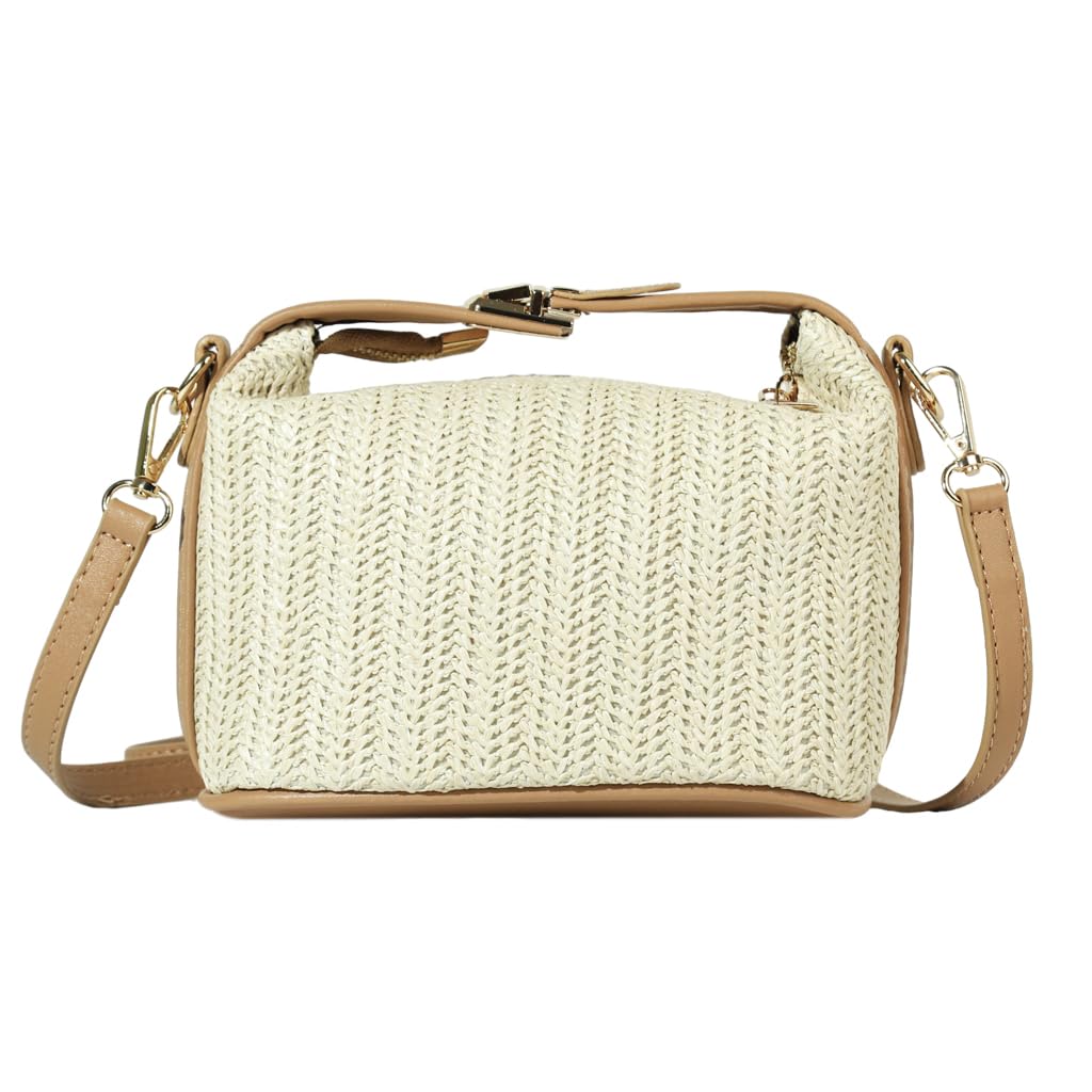 ZIBUYU® Straw Bags for Women Beach Stylish Sling Shoulder Bag for Girls and Women Detachable Shoulder Belt Woven Straw Crossbody Bag Golden Hardware Buckle Design Handbag Bag - Beige