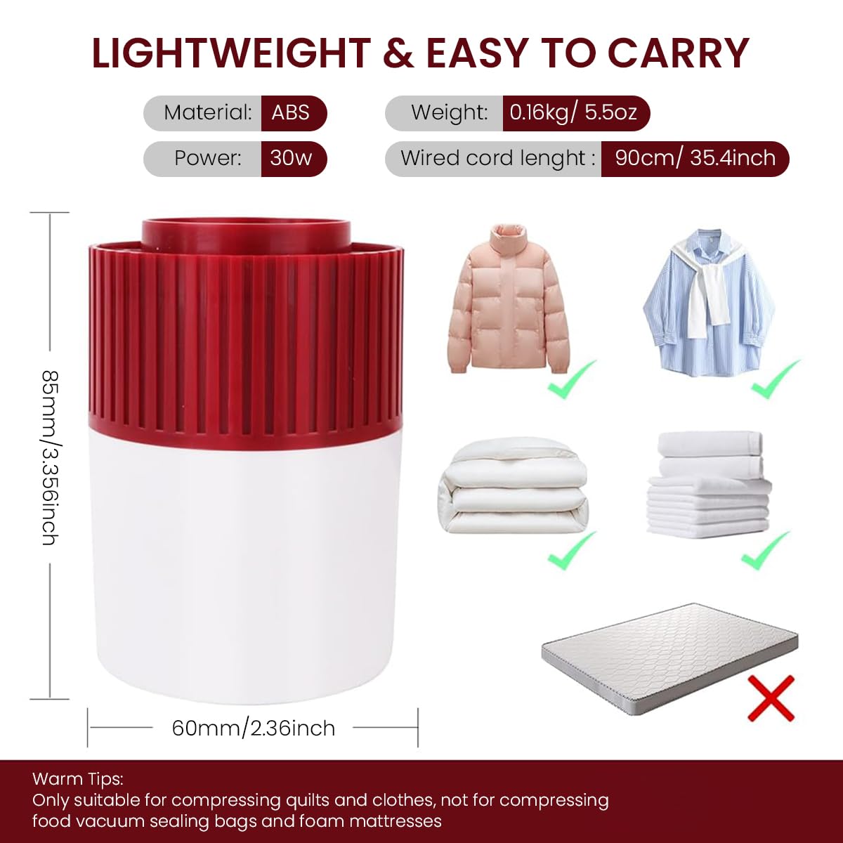 Serplex Electric Air Pump for Vacuum Storage Bags with 30W Motor and One Button Control