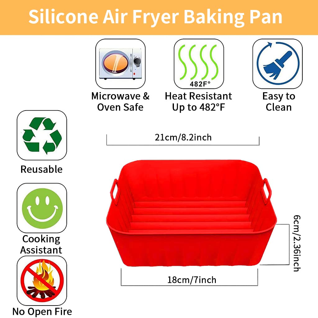 HASTHIP® Air Fryer Silicone Baking Tray, 8.2 Inch Non-Stick Silicone Air Fryer Liners for 4-7QT, Reusable Square Air Fryer Oven Pot with Anti-Scalding Handles, Food Safe Air Fryers Accessories (Red)