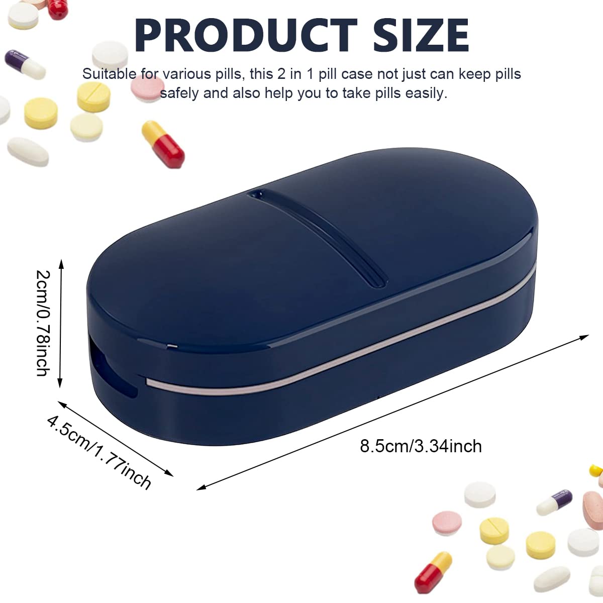 HANNEA Pill Box for Daily Use and Travel with Stainless Steel Cutter | Blue Organizer
