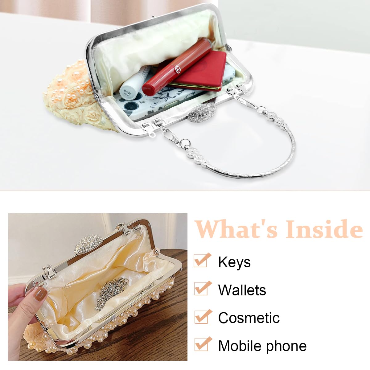 PALAY Evening Bag for Women with Pearl Rose Decoration and Detachable Metal Handle | Apricot Clutch for Party and Prom