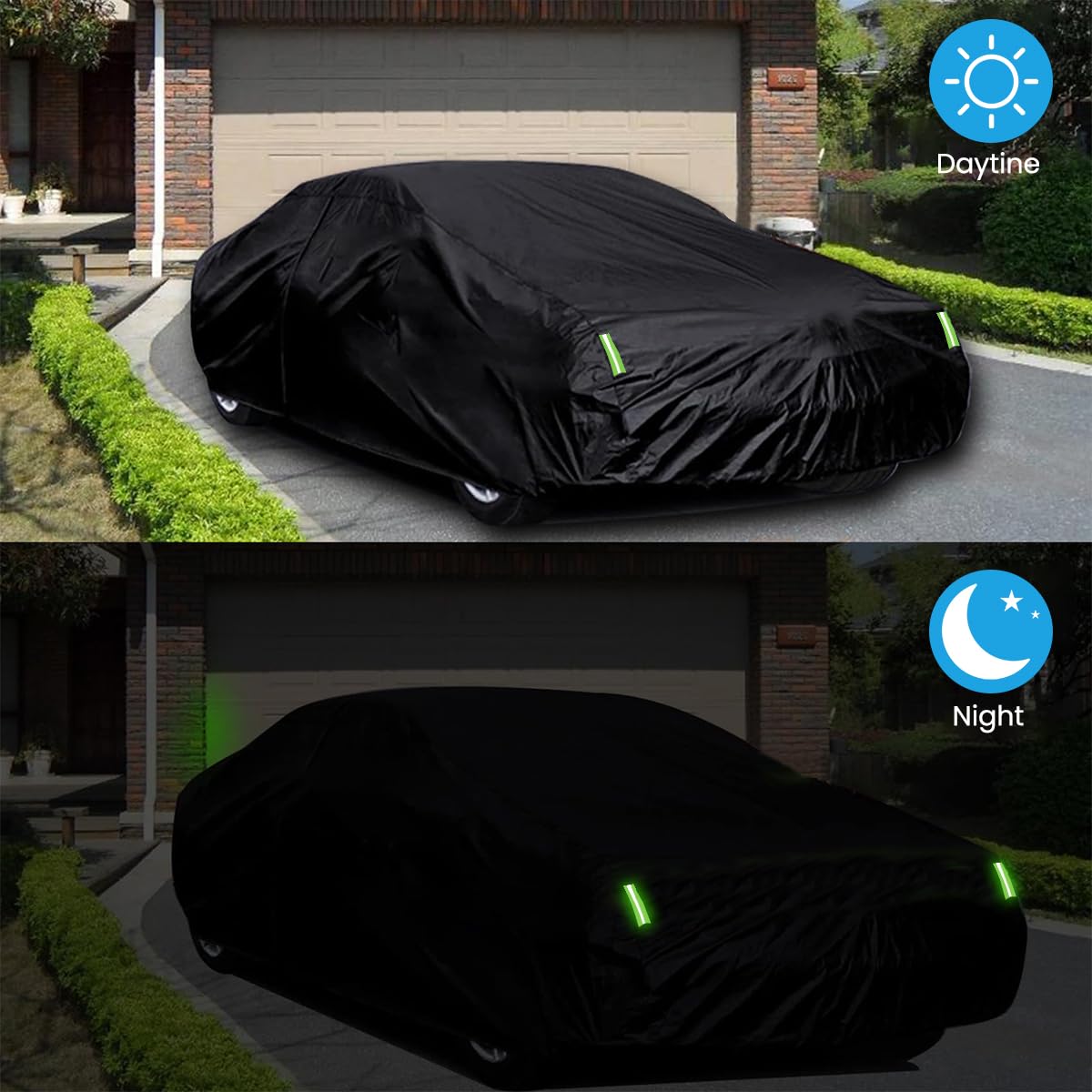 STHIRA® UV Resistant Car Cover Car Shield with Reflective Strips Outdoor Car Shield 210D Oxford Cloth Car Cover Universal Size Car Cover Rainproof Sunproof Windproof Car Cover, 14.5x5.9x5.2ft