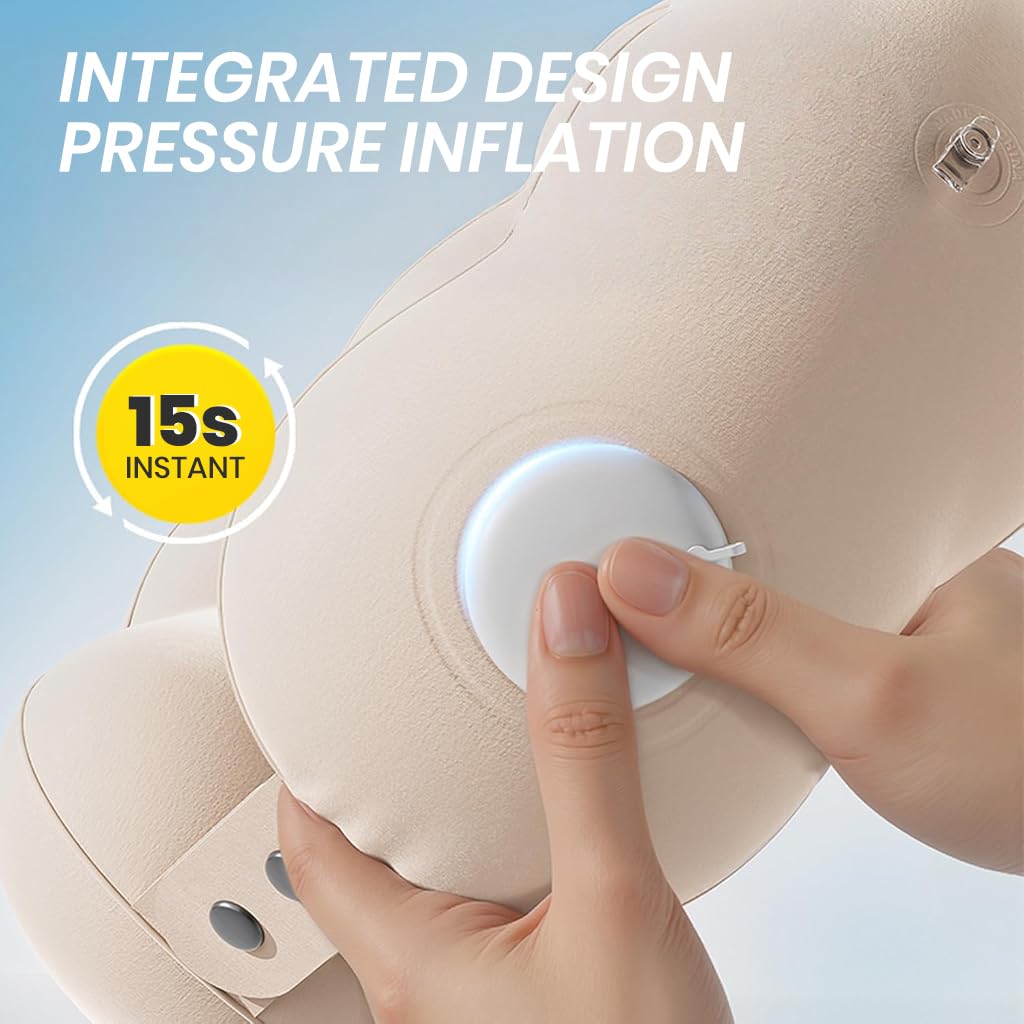 HANNEA Inflatable Travel Neck Pillow for Airplane and Car with Dual Snap Closure | Ultra Soft Flocking Cushion