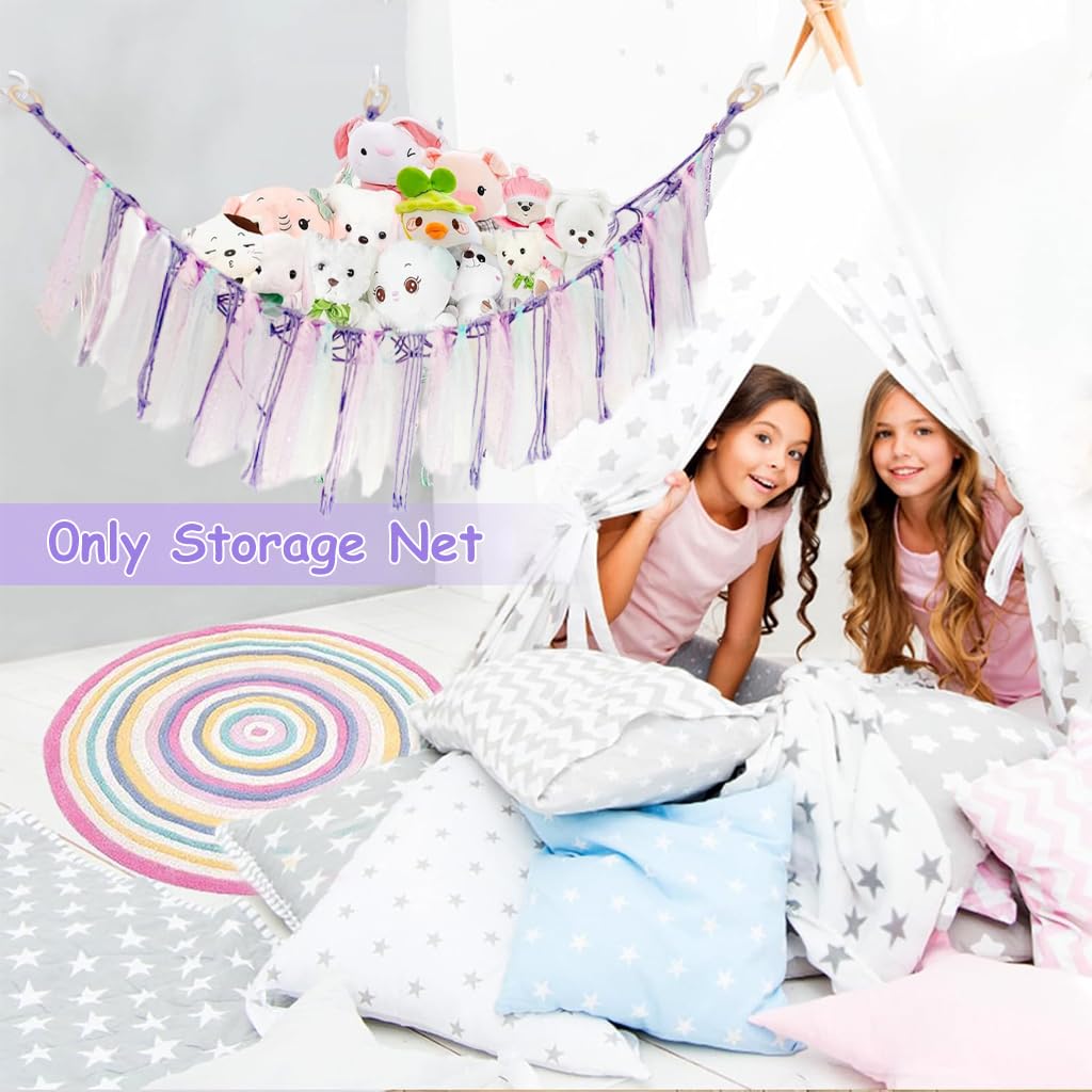 PATPAT® DIY Stuffed Animal Toy Hammock Girls Room Decoration Plush Toy Hanging Storage Net Dreamy Purple Tassle Ribbon Hanging Net Self Adhesive Hanging Decorative Net Wall Corner Triangle Hangings